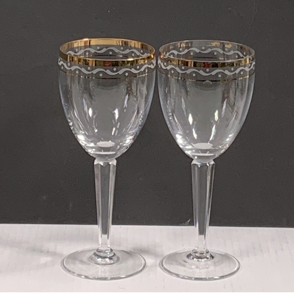 Christian Dior Gold Rim Frosted Scroll Crystal Wine Glasses Set of 2
